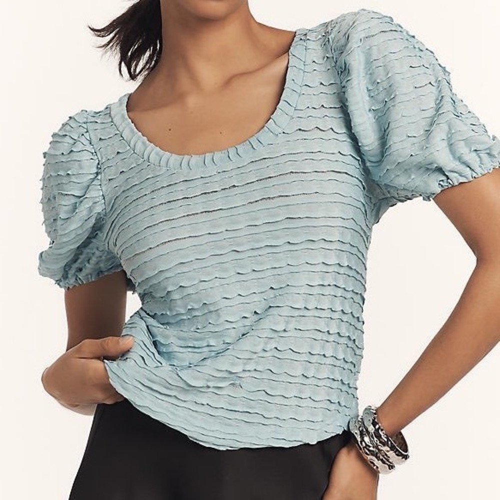 Anthropologie Light Blue Textured Puff Sleeve Scoop Neck Blouse Top Sz XS